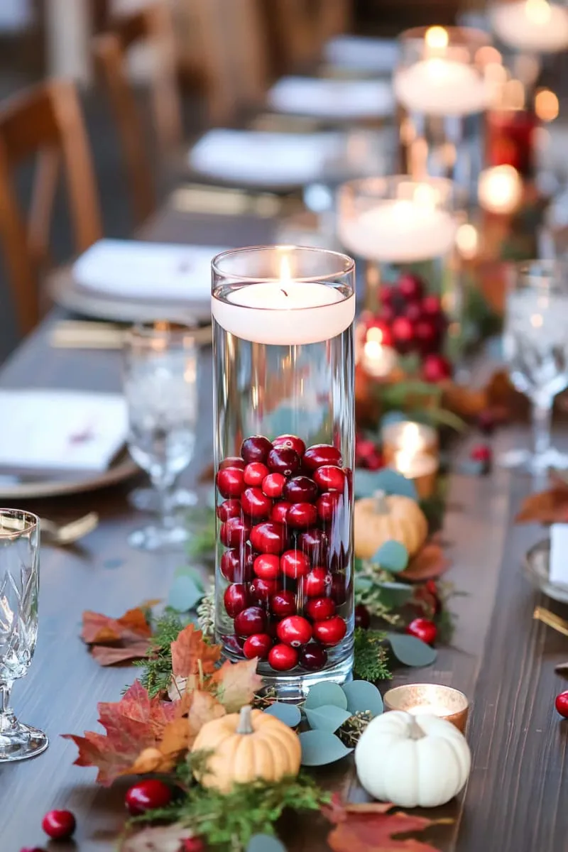 floating candles in clear vases surrounded by cranberries 1