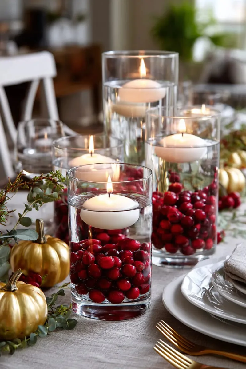 floating candles in clear vases surrounded by cranberries 1