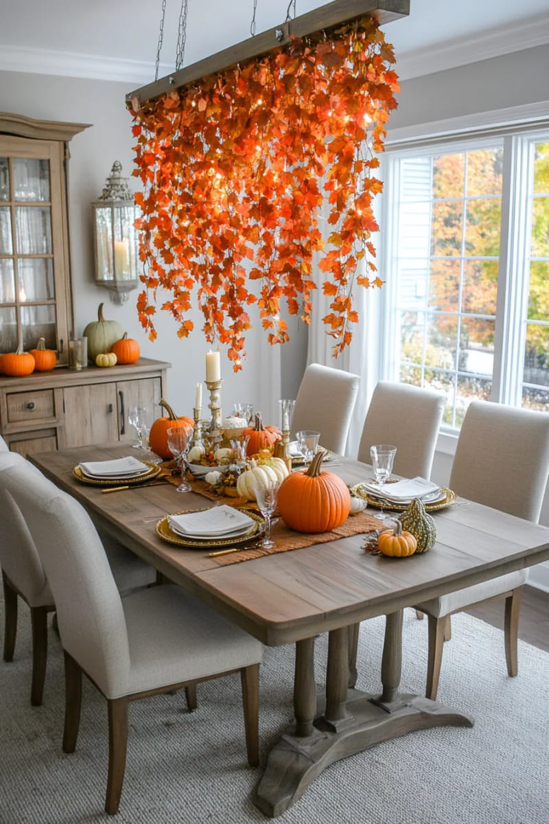 floating leaf garland over the dining table with hanging orange leaves 14
