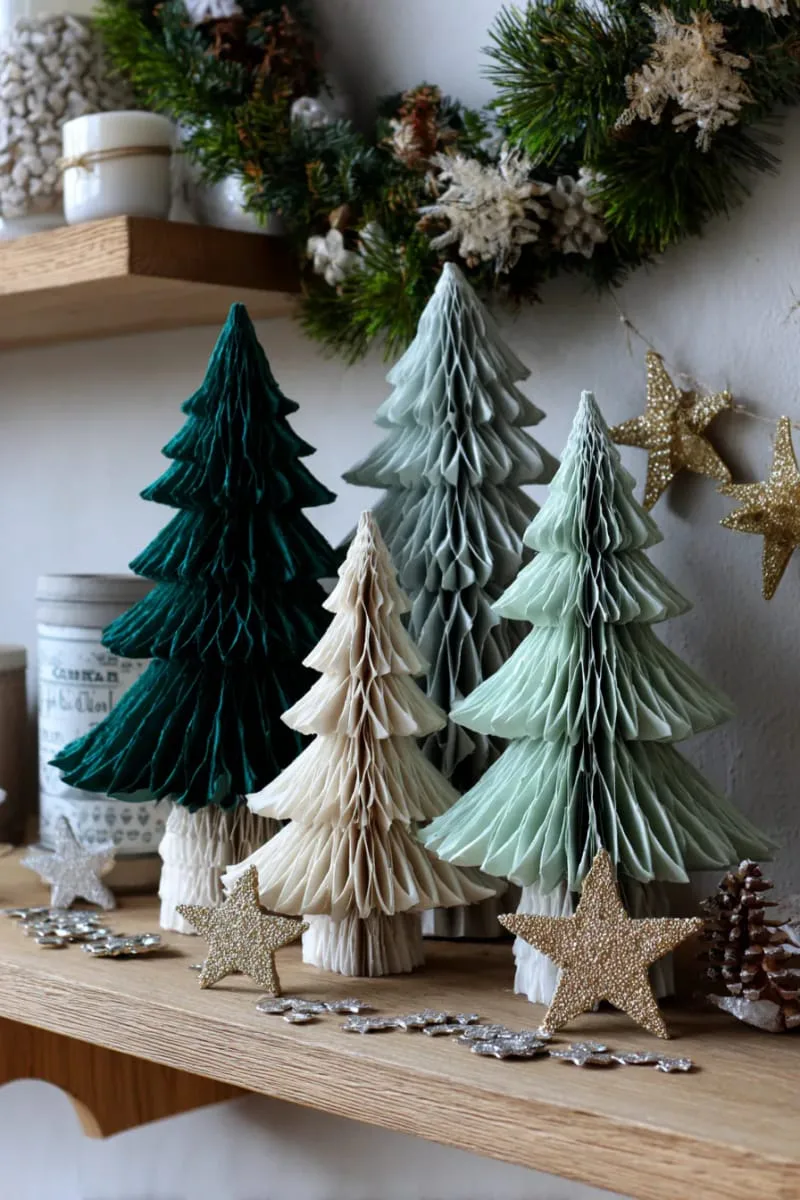 folded paper christmas trees in ombre colors for shelf styling 1