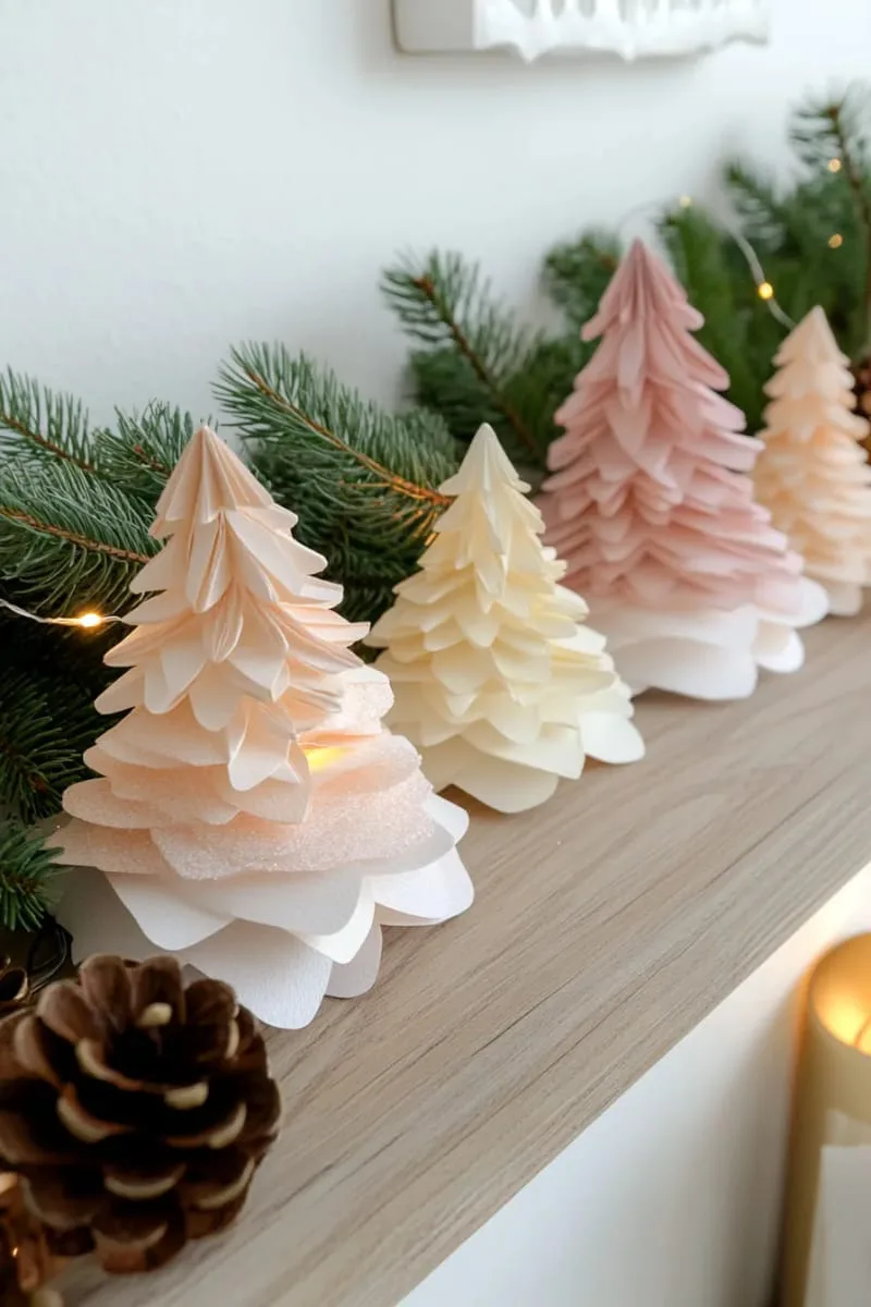 folded paper christmas trees in ombre colors for shelf styling 1