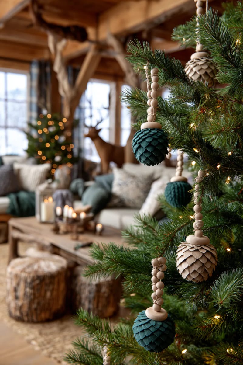 21 Wooden Christmas Ornament Ideas for a Warm and Natural Holiday Decor 13 forest green painted pinecone ornament hung from a wood bead loop 1