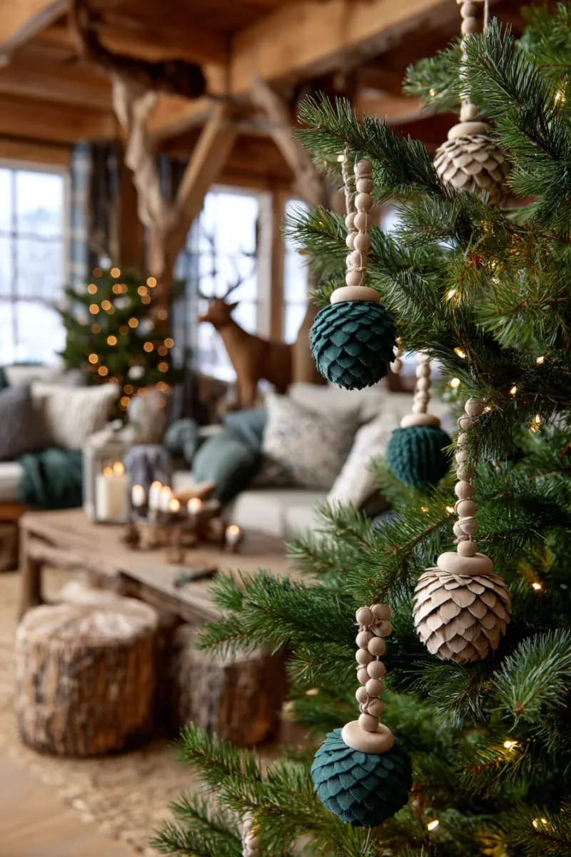 forest green painted pinecone ornament hung from a wood bead loop 1