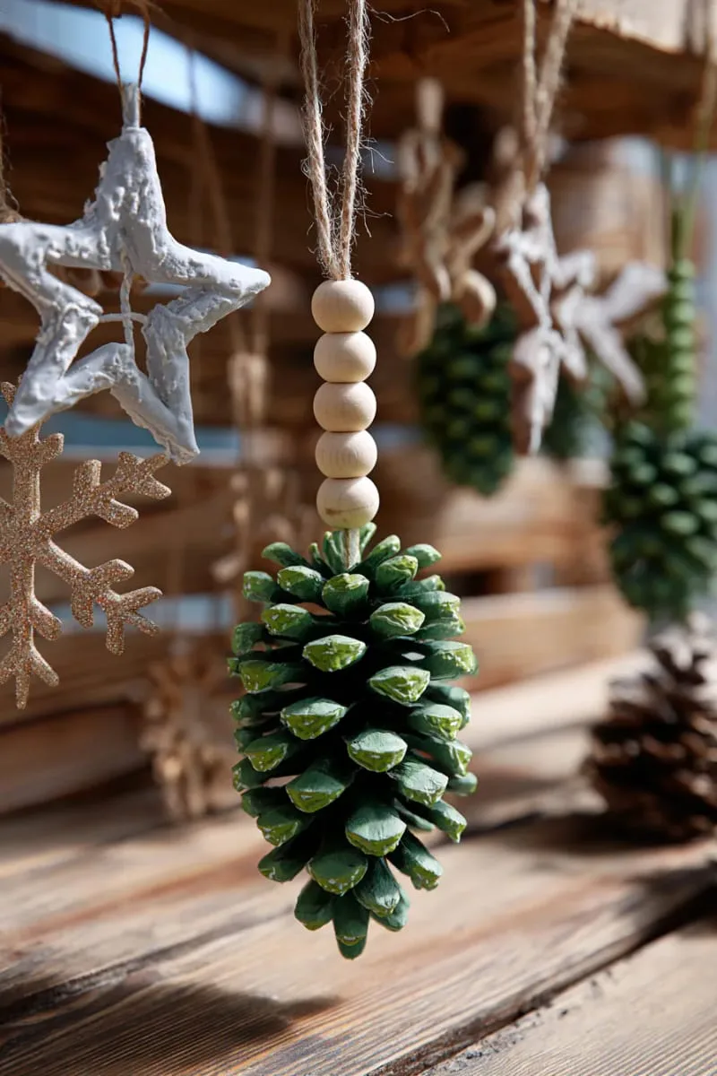 forest green painted pinecone ornament hung from a wood bead loop 1