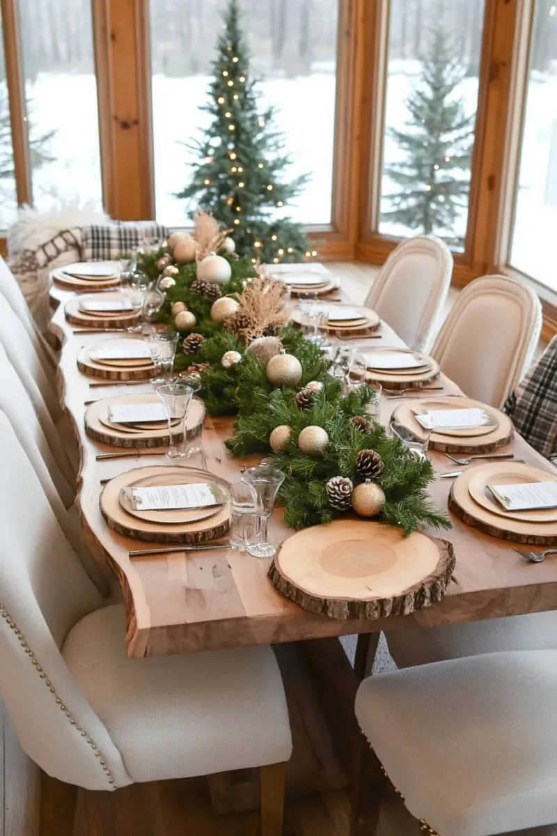 15 She Shed Christmas Decor Ideas For A Unique Winter Wonderland 28 forest-inspired tablescape with wood slices, greenery, and golden ornaments 1