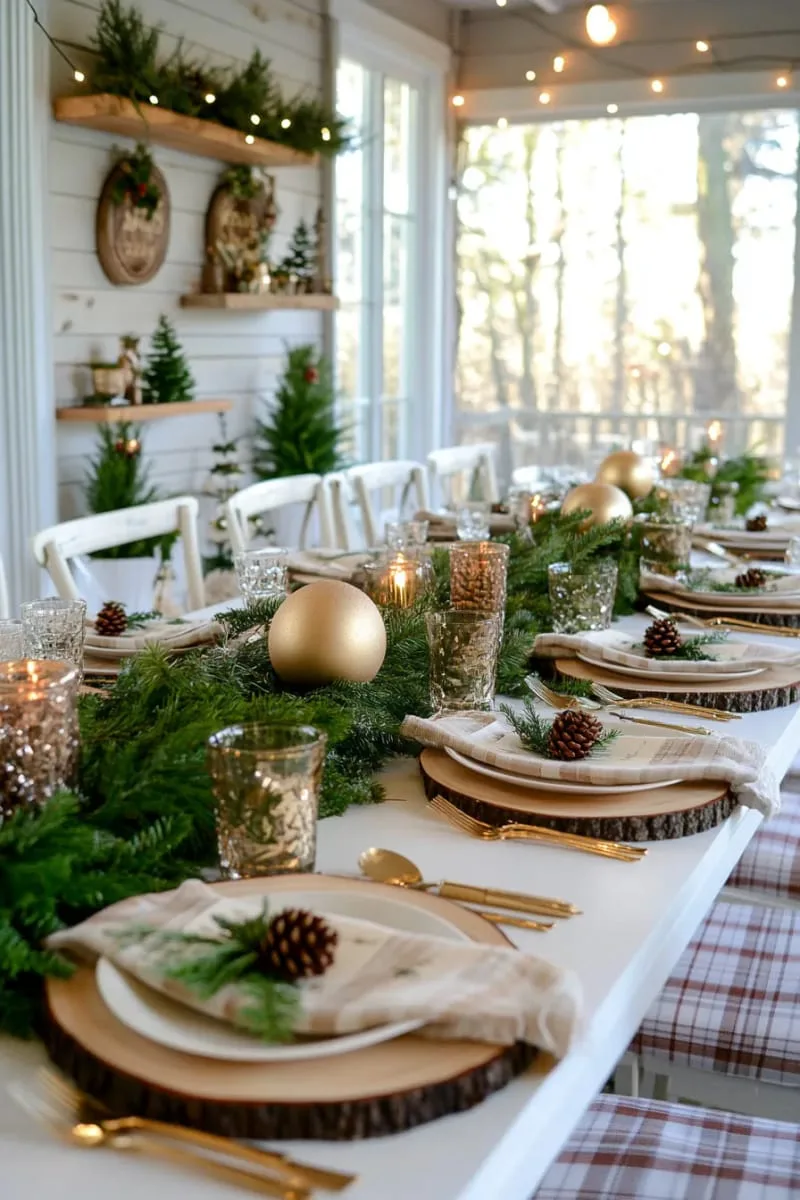 15 She Shed Christmas Decor Ideas For A Unique Winter Wonderland 29 forest-inspired tablescape with wood slices, greenery, and golden ornaments 1