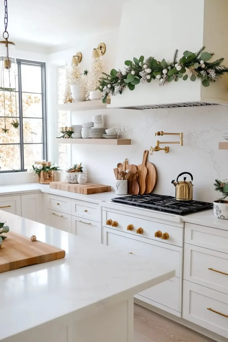 frosted eucalyptus garland with white berries over cabinet top 1