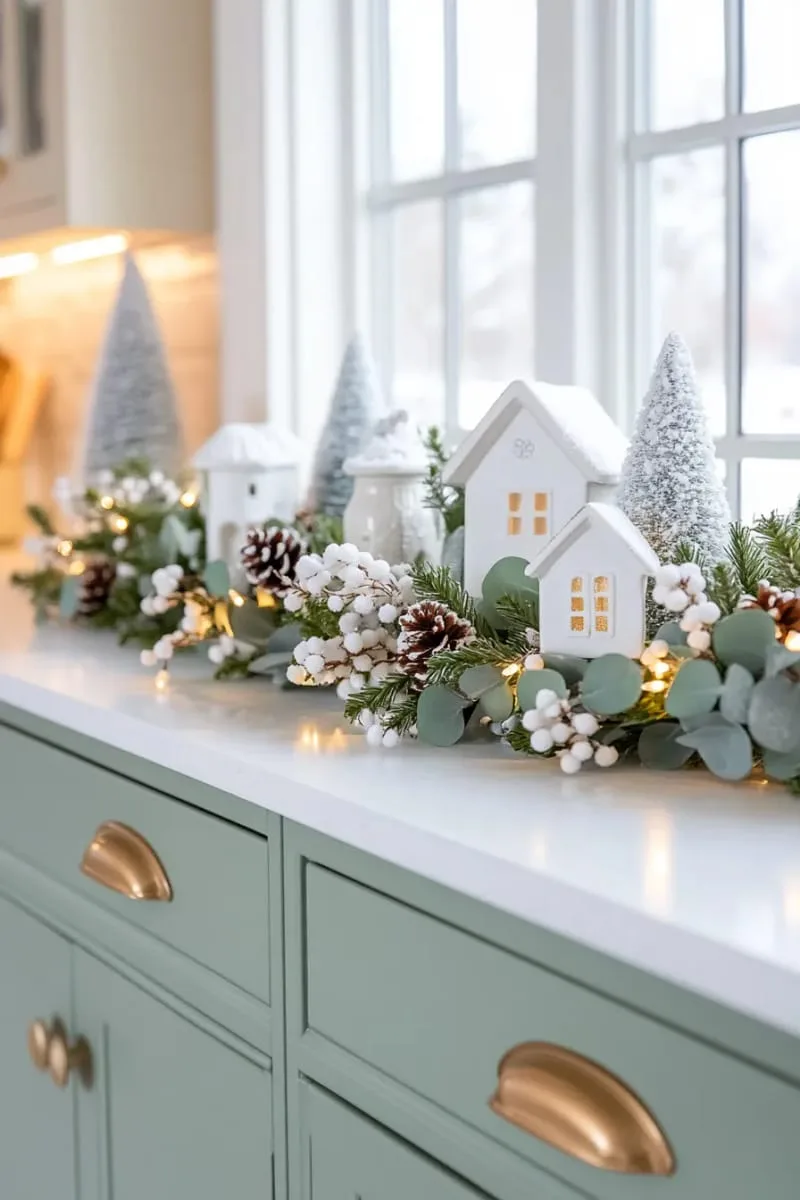 frosted eucalyptus garland with white berries over cabinet top 1