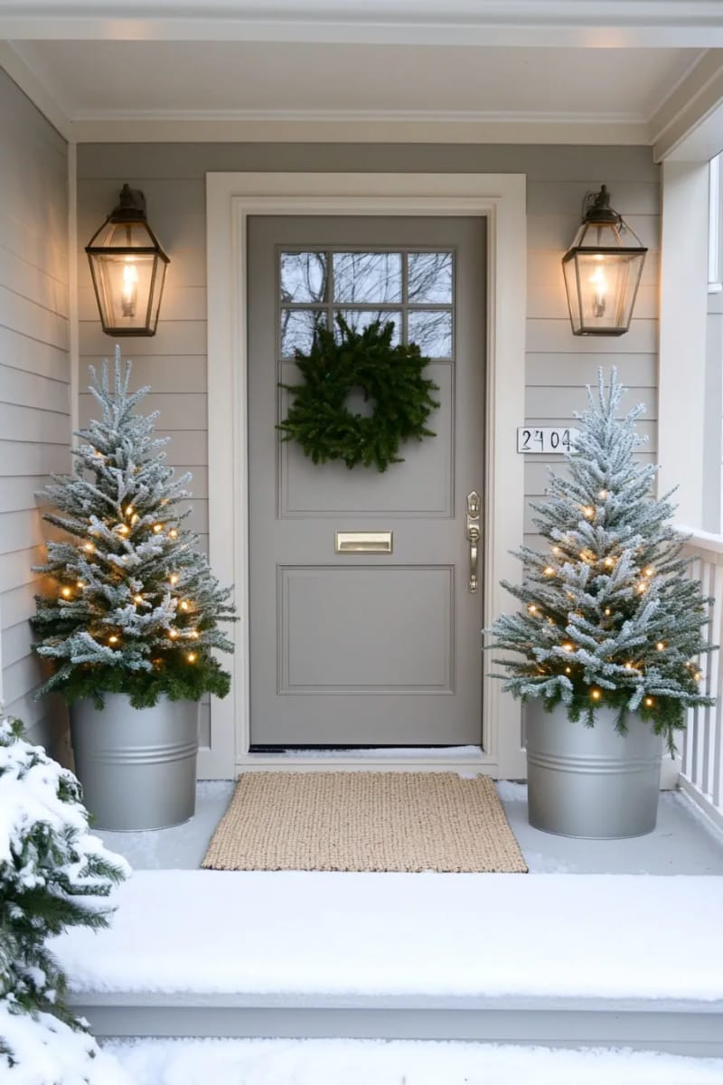 frosted faux mini trees in galvanized buckets with subtle fairy lights 1