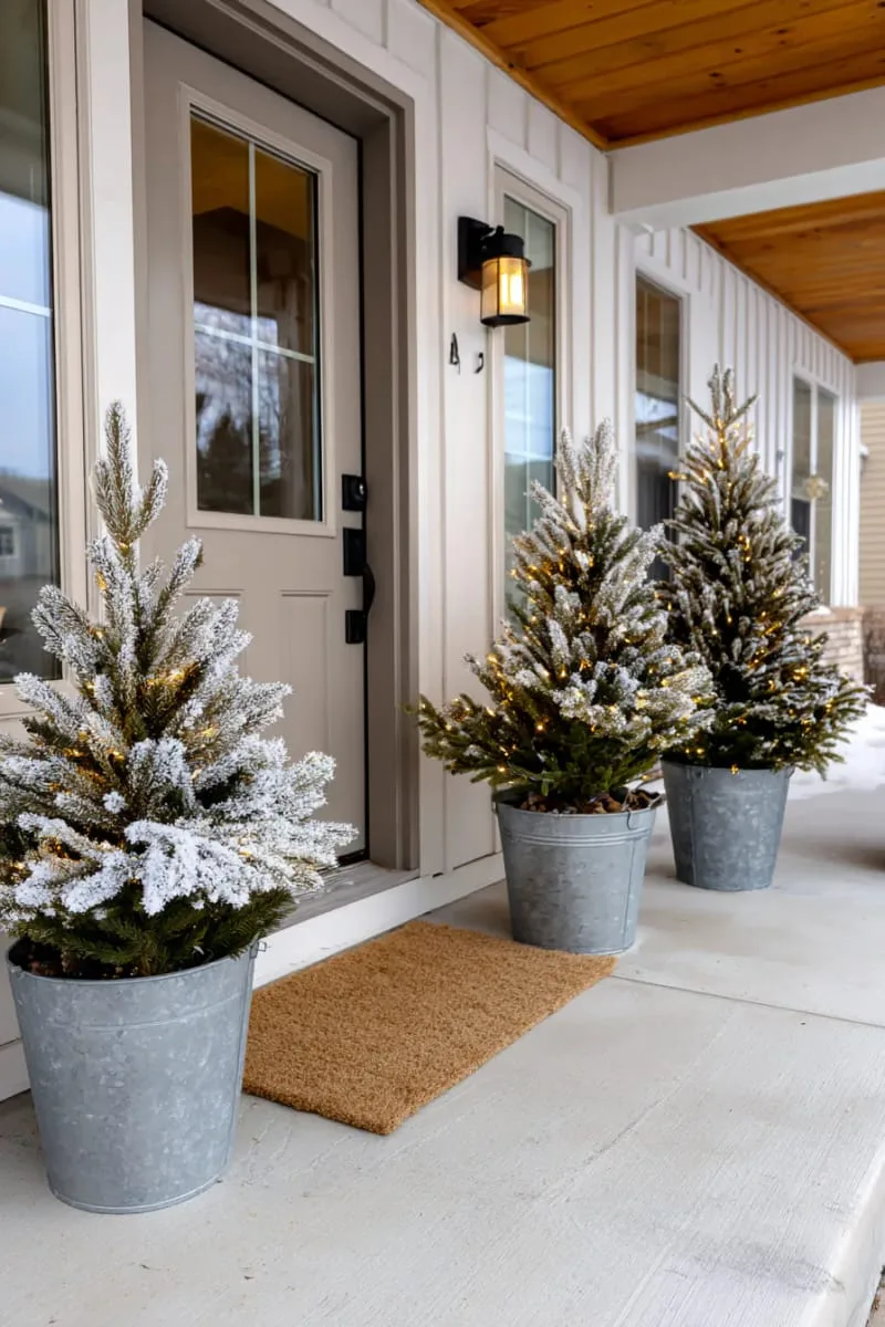 frosted faux mini trees in galvanized buckets with subtle fairy lights 1