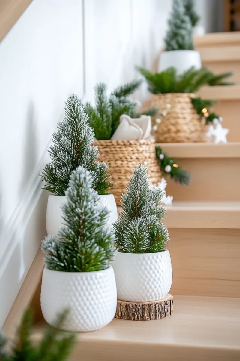 21 Scandinavian Christmas Decorations Ideas To Bring Nordic Charm at Home 23 frosted mini trees in white ceramic pots lining the staircase 1