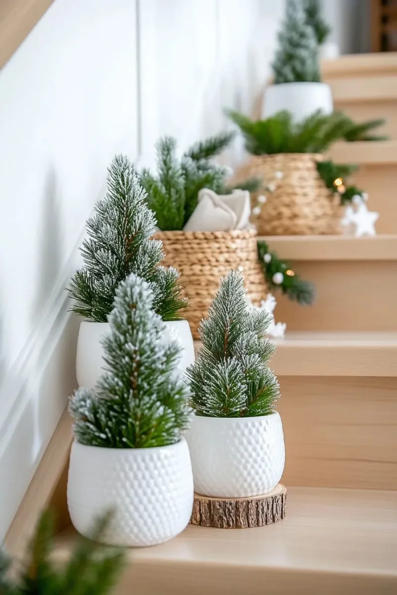 frosted mini trees in white ceramic pots lining the staircase 1