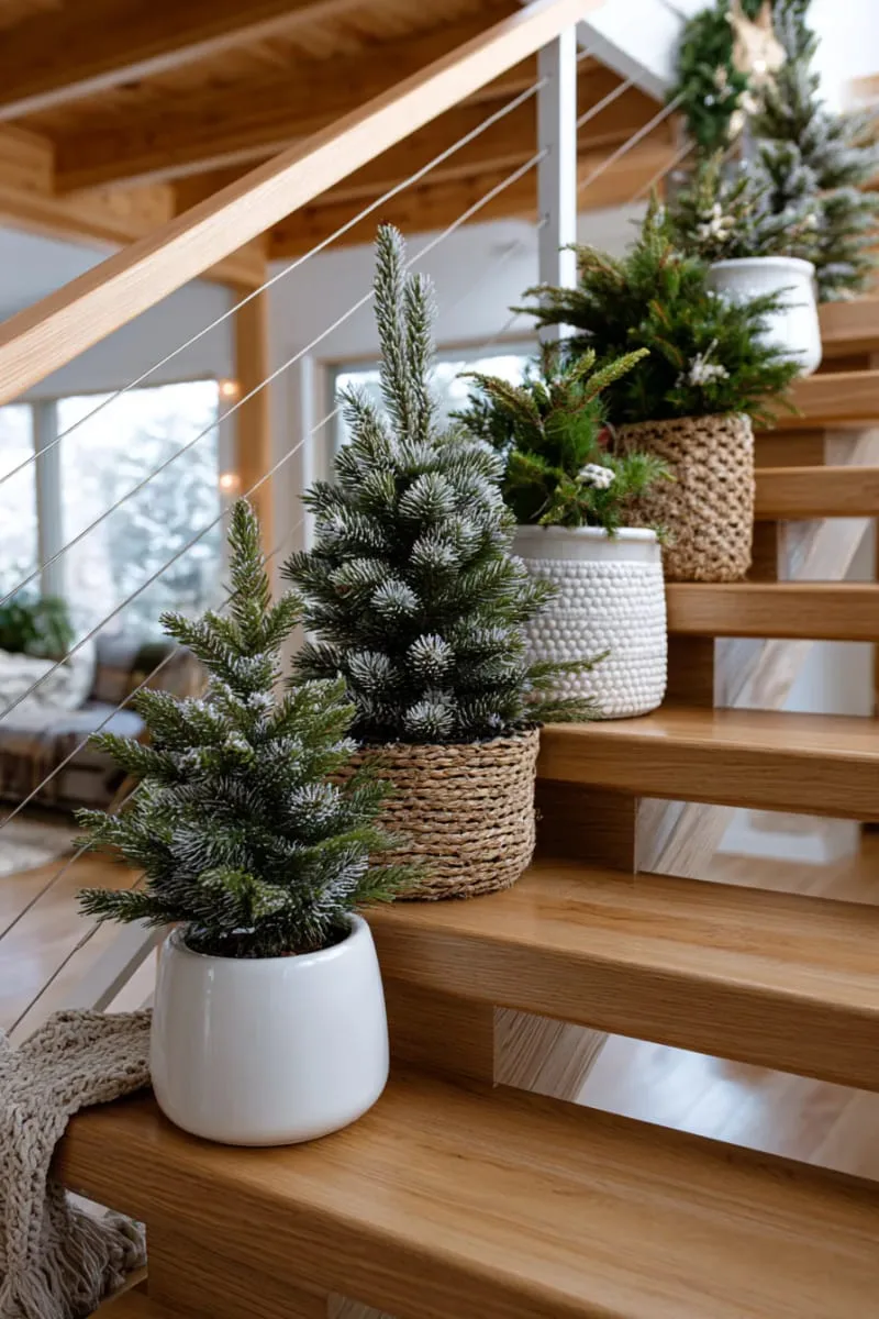frosted mini trees in white ceramic pots lining the staircase 1