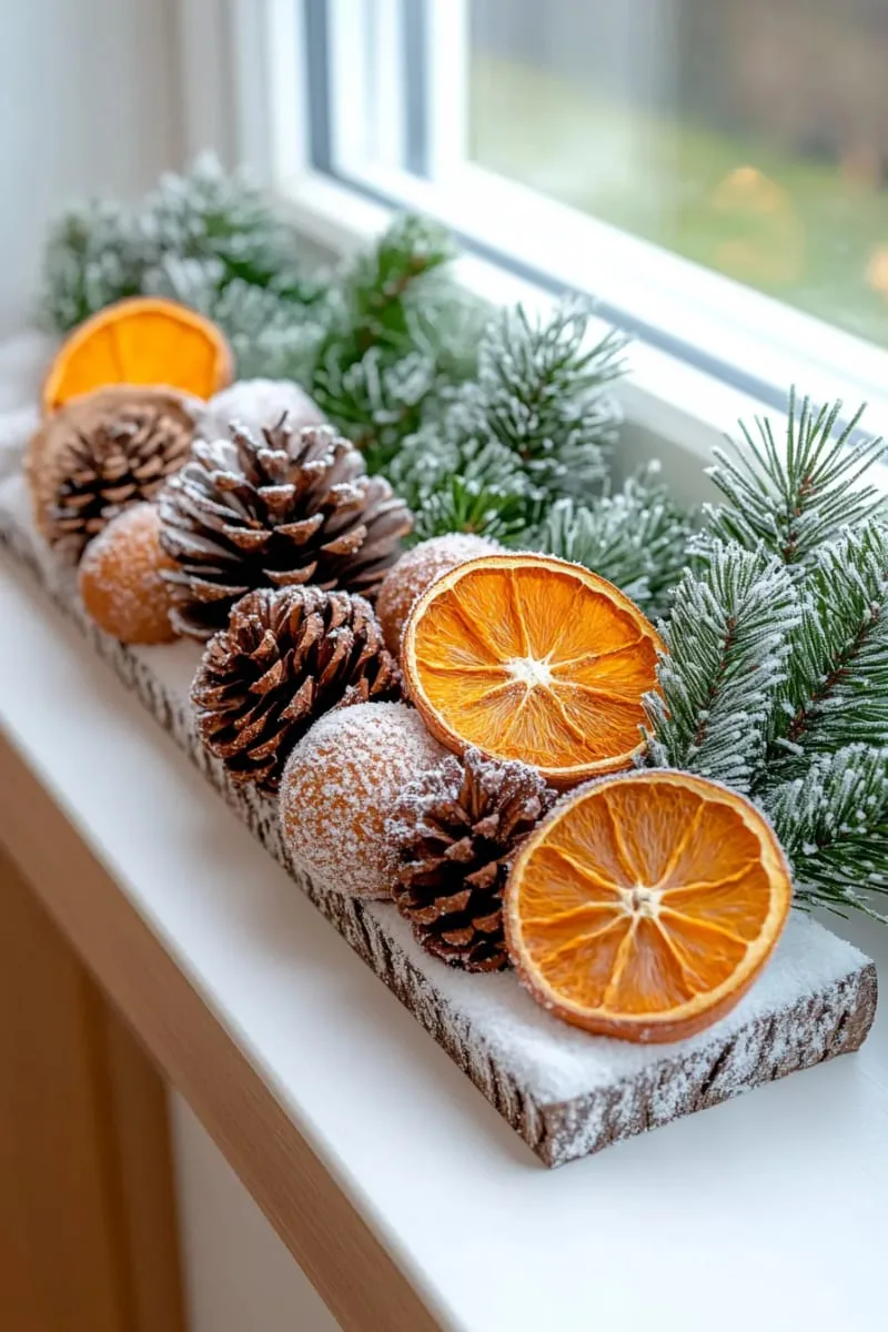 frosted window sills decorated with pinecones and orange slices 1