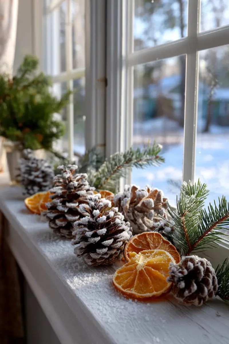 frosted window sills decorated with pinecones and orange slices 1