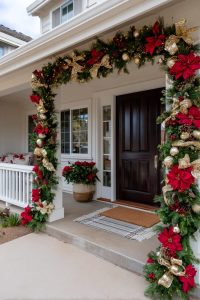 full garland with classic red poinsettias and glittering gold accents 27