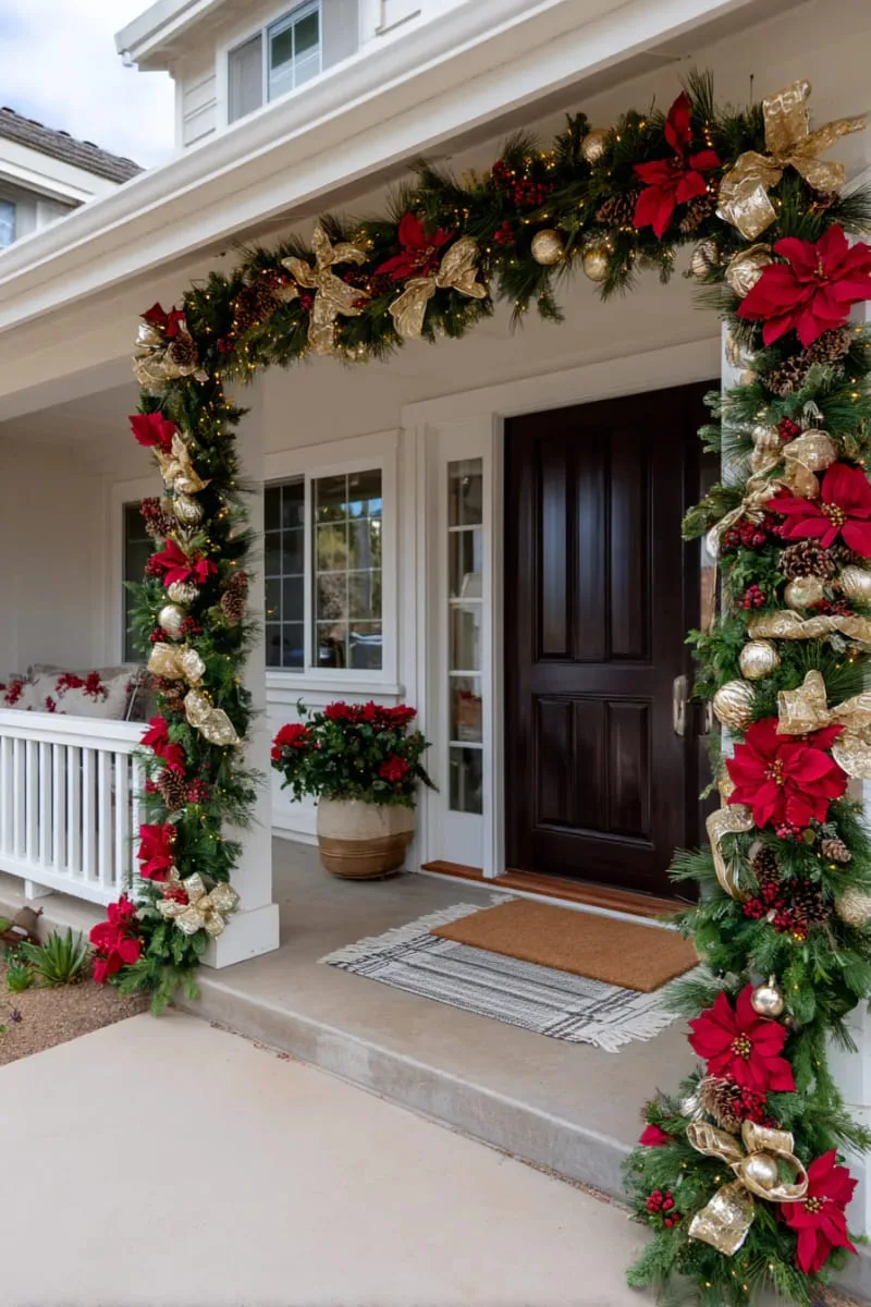 full garland with classic red poinsettias and glittering gold accents 1
