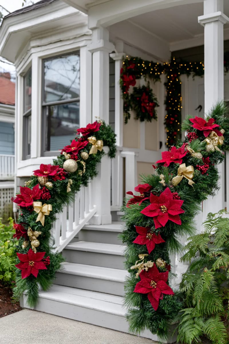 full garland with classic red poinsettias and glittering gold accents 1