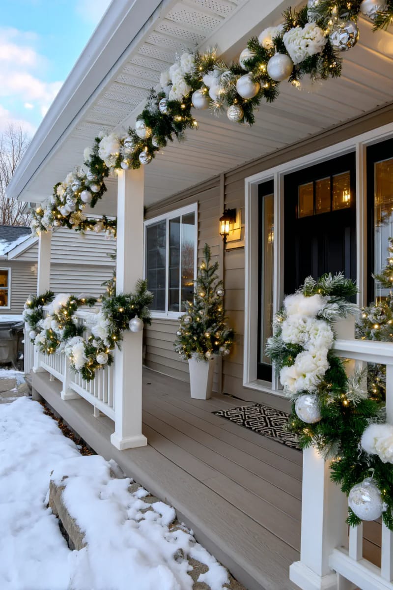 garland combined with faux snow, icicle lights, and shimmering white ornaments 1