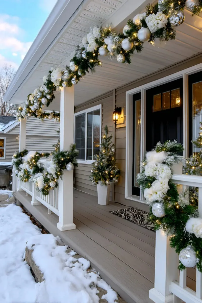garland combined with faux snow, icicle lights, and shimmering white ornaments 1