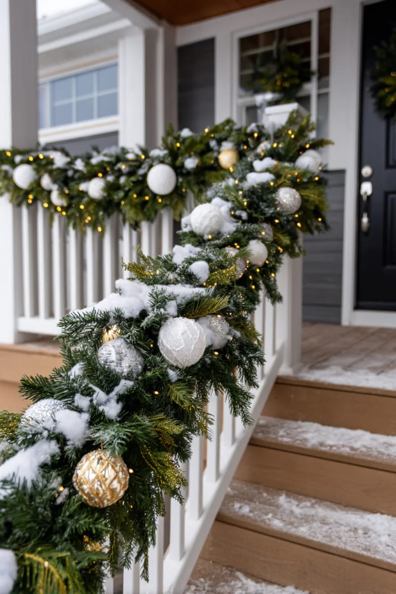 garland combined with faux snow, icicle lights, and shimmering white ornaments 1