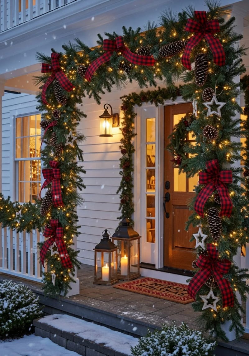 garland draped with plaid ribbon, pinecones, and mini wooden stars 1