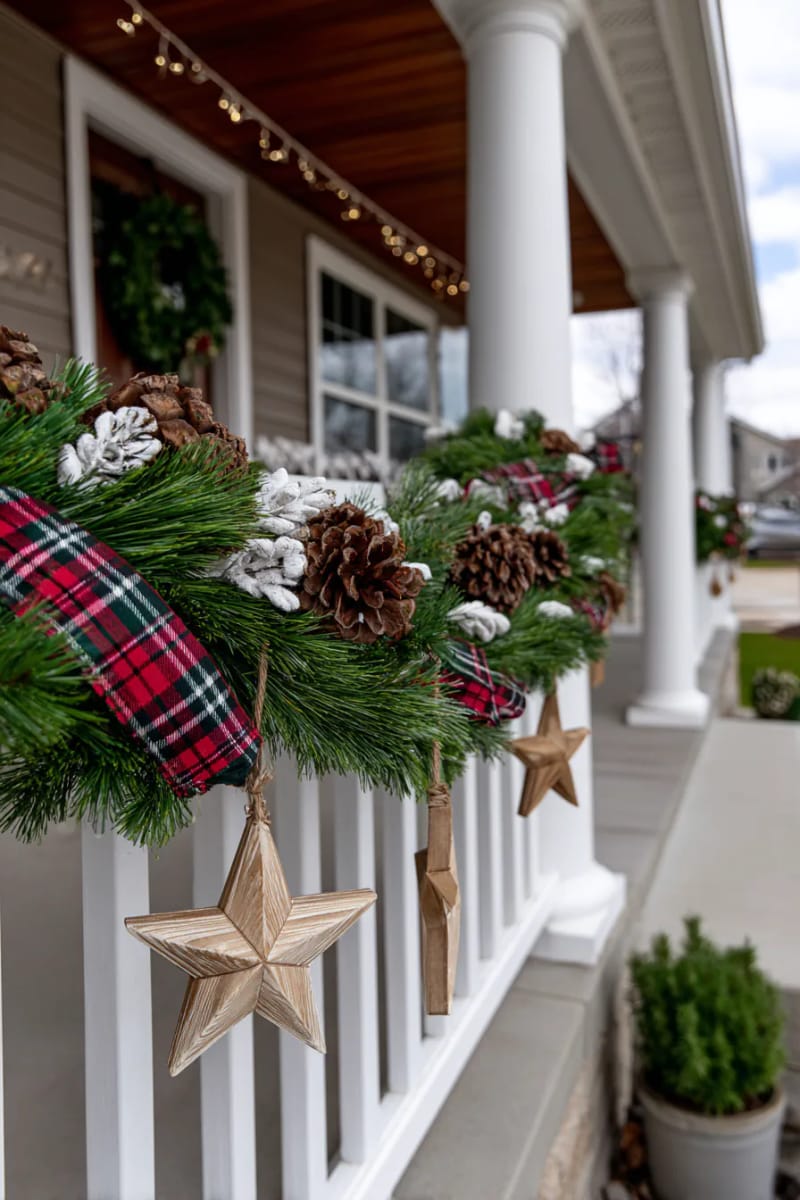 garland draped with plaid ribbon, pinecones, and mini wooden stars 1
