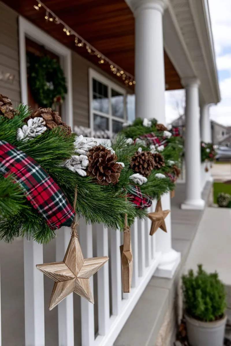 garland draped with plaid ribbon, pinecones, and mini wooden stars 1