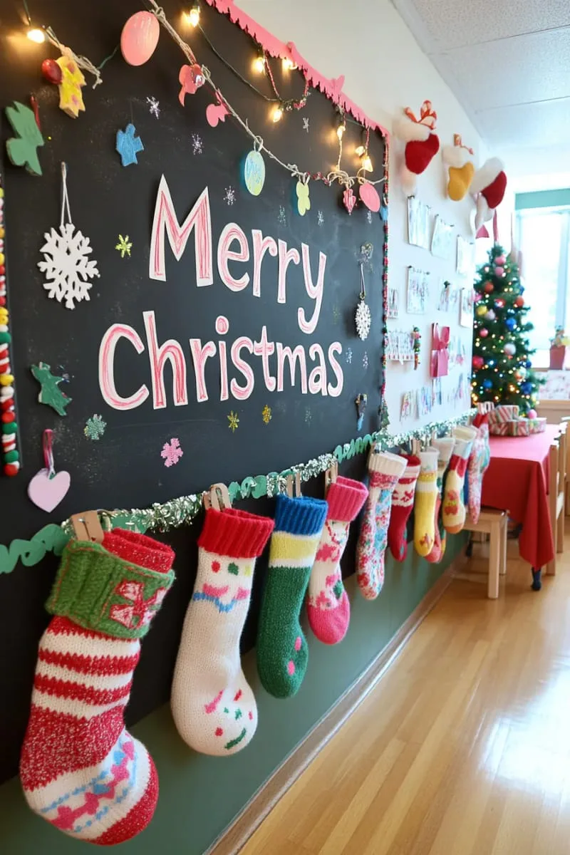 21 Festive Classroom Christmas Decor Ideas for a Joyful Season 54 garland of mittens and hats, each decorated by a different student 1