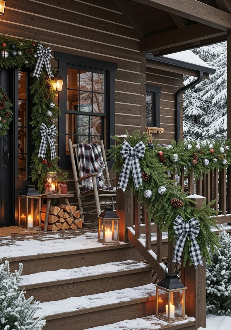 garland with oversized jingle bells and buffalo check bows for a cozy lodge feel 1