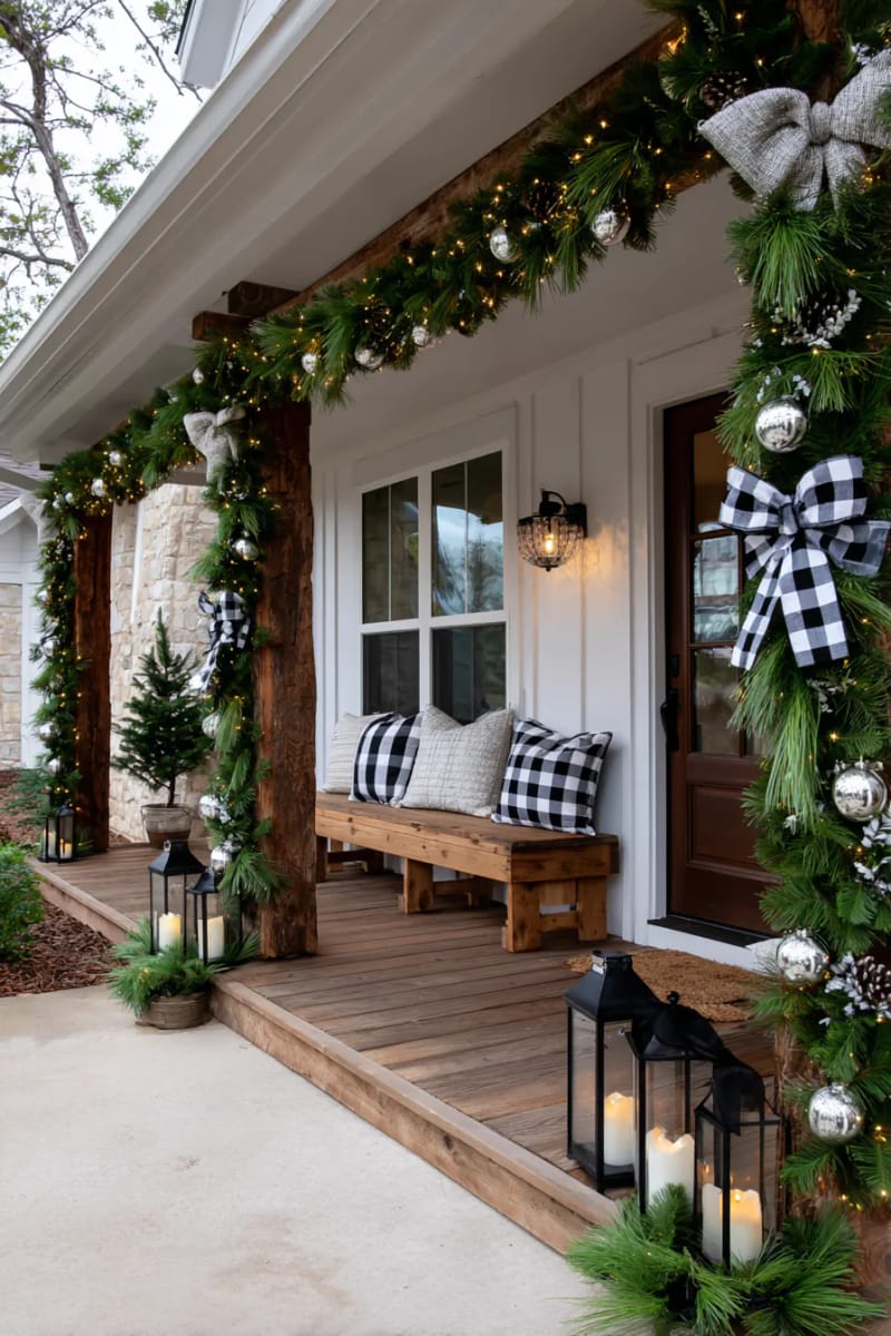 garland with oversized jingle bells and buffalo check bows for a cozy lodge feel 1