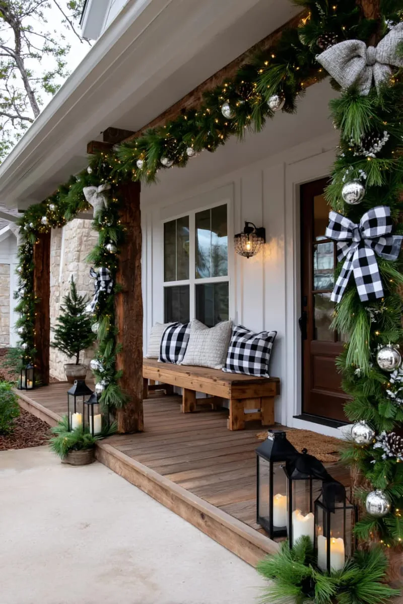 garland with oversized jingle bells and buffalo check bows for a cozy lodge feel 1