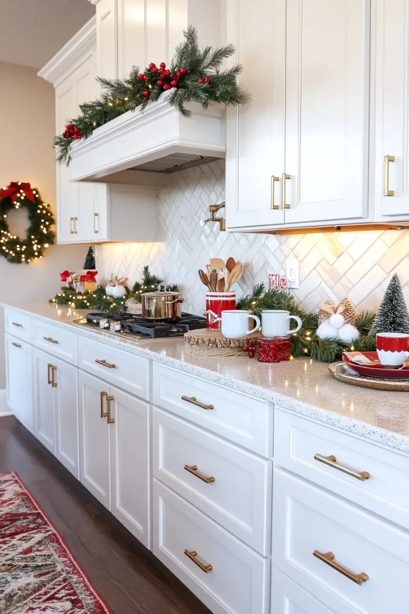 garland with pinecones and fairy lights draped along upper cabinet tops 1