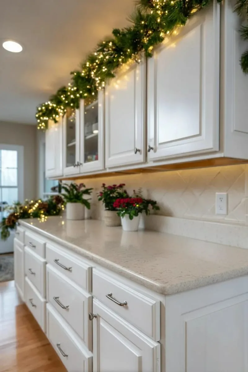 garland with pinecones and fairy lights draped along upper cabinet tops 1