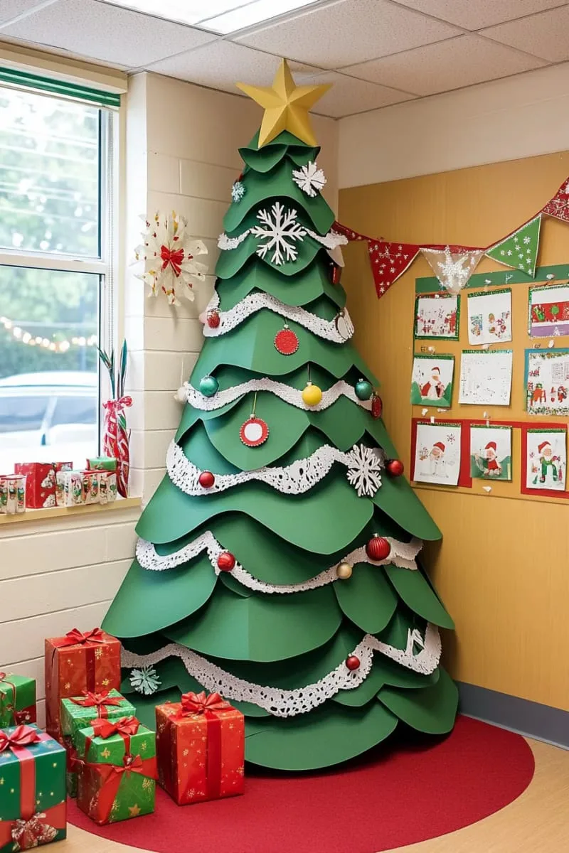 21 Festive Classroom Christmas Decor Ideas for a Joyful Season 2 giant 3d christmas tree made from stacked green paper cones in the corner 1