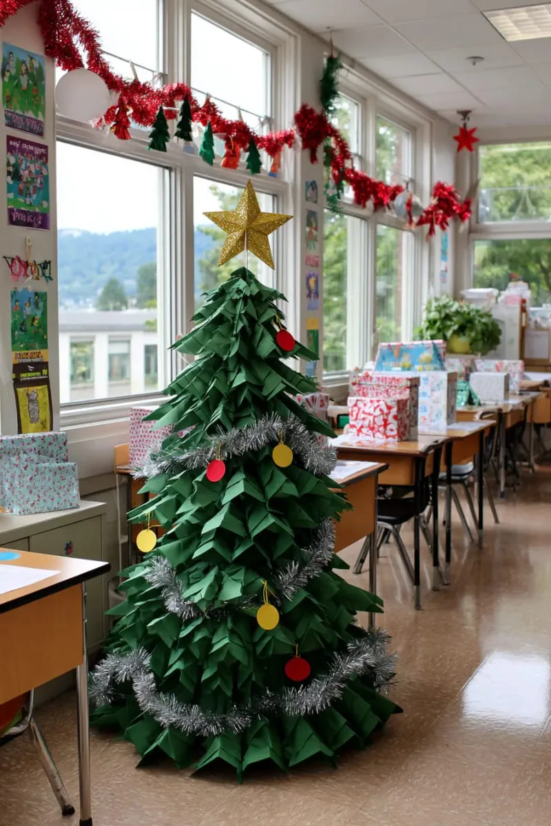 21 Festive Classroom Christmas Decor Ideas for a Joyful Season 5 giant 3d christmas tree made from stacked green paper cones in the corner 1