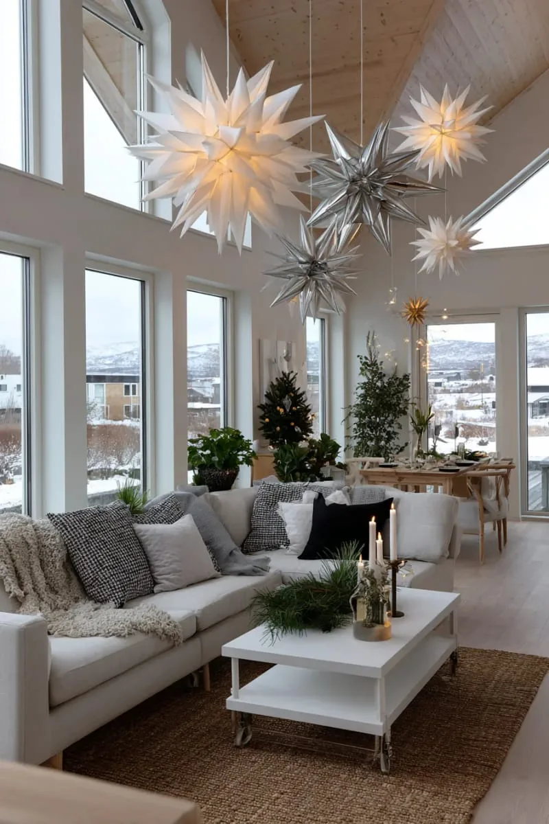giant geometric paper stars suspended from the ceiling for modern flair 1