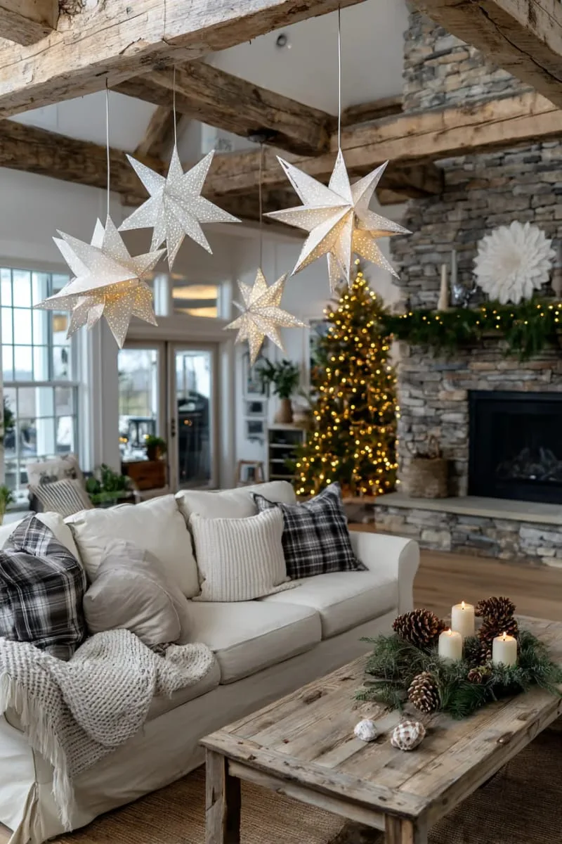 giant geometric paper stars suspended from the ceiling for modern flair 1