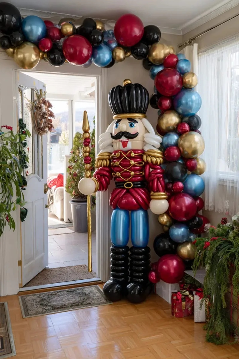21 Christmas Balloon Decor Ideas for a Fun and Festive Holiday 16 giant nutcracker figure crafted entirely from colorful balloons for door greeting 1