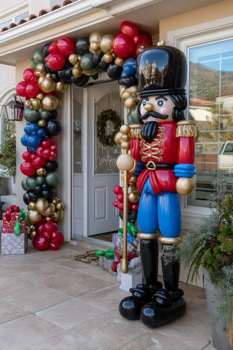21 Christmas Balloon Decor Ideas for a Fun and Festive Holiday 17 giant nutcracker figure crafted entirely from colorful balloons for door greeting 1