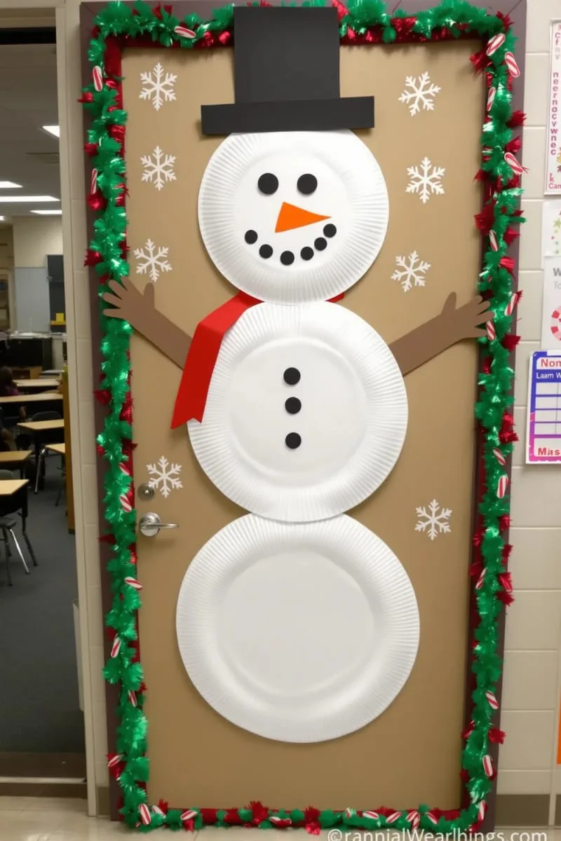 21 Festive Classroom Christmas Decor Ideas for a Joyful Season 50 giant snowman made of paper plates for the classroom door 1