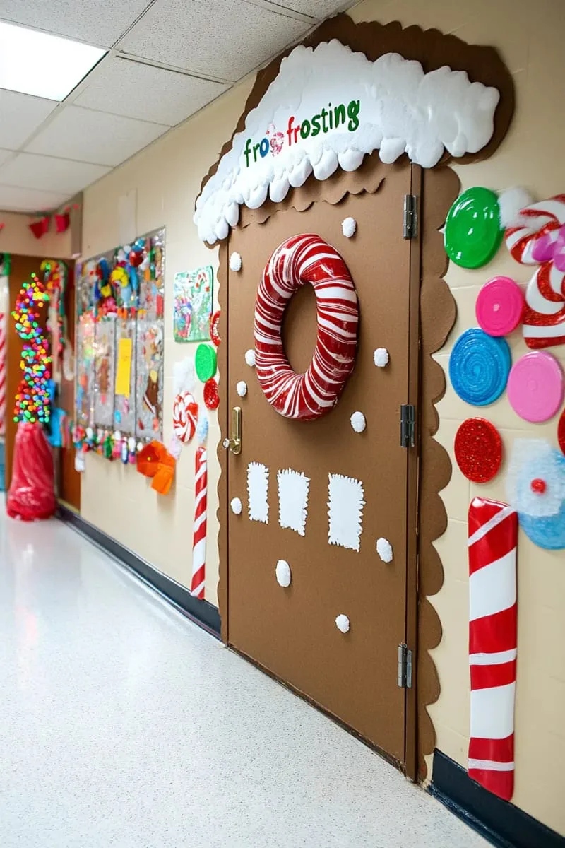 21 Festive Classroom Christmas Decor Ideas for a Joyful Season 10 gingerbread house classroom door with candy cane stripes and peppermint swirls 1