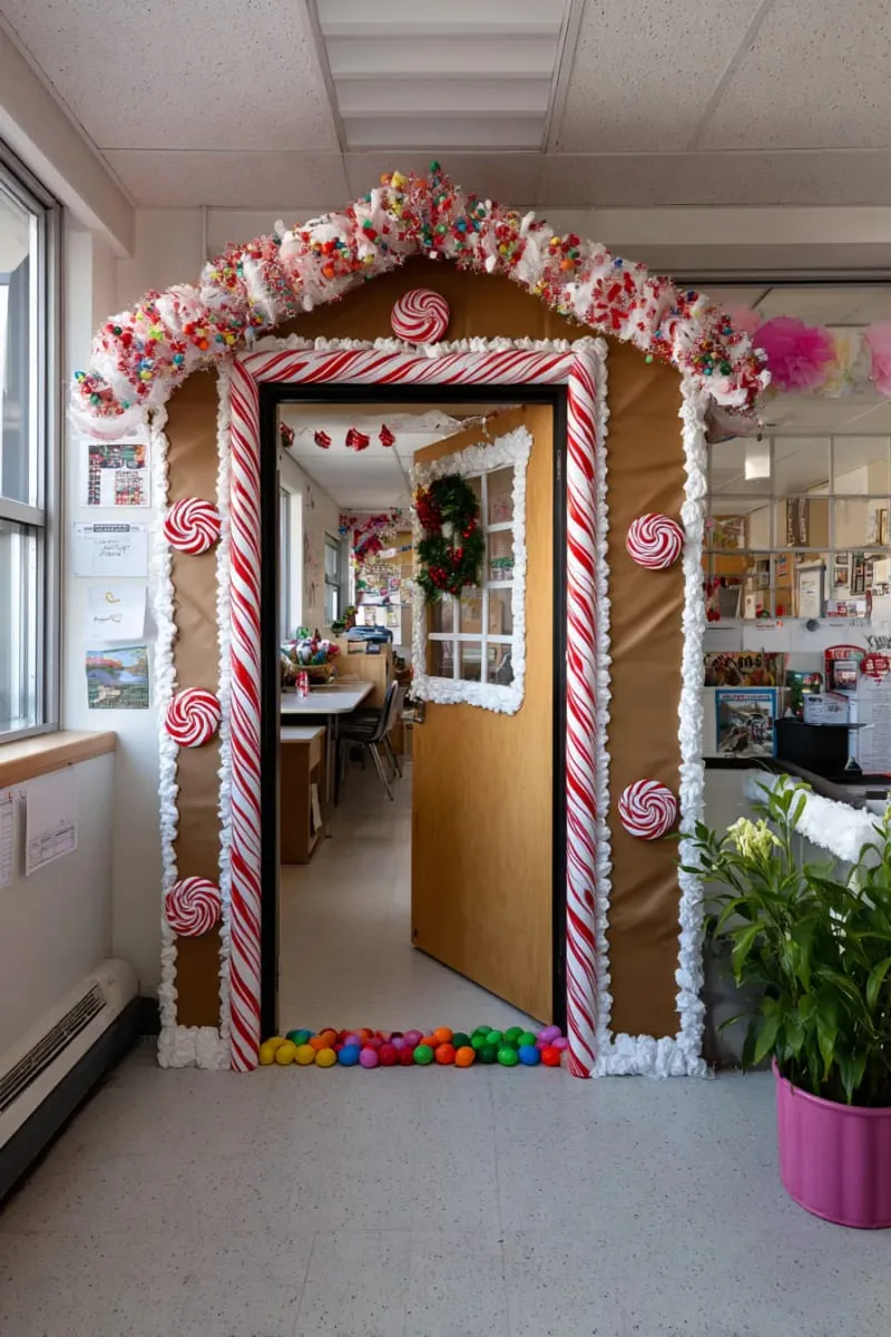 21 Festive Classroom Christmas Decor Ideas for a Joyful Season 11 gingerbread house classroom door with candy cane stripes and peppermint swirls 1