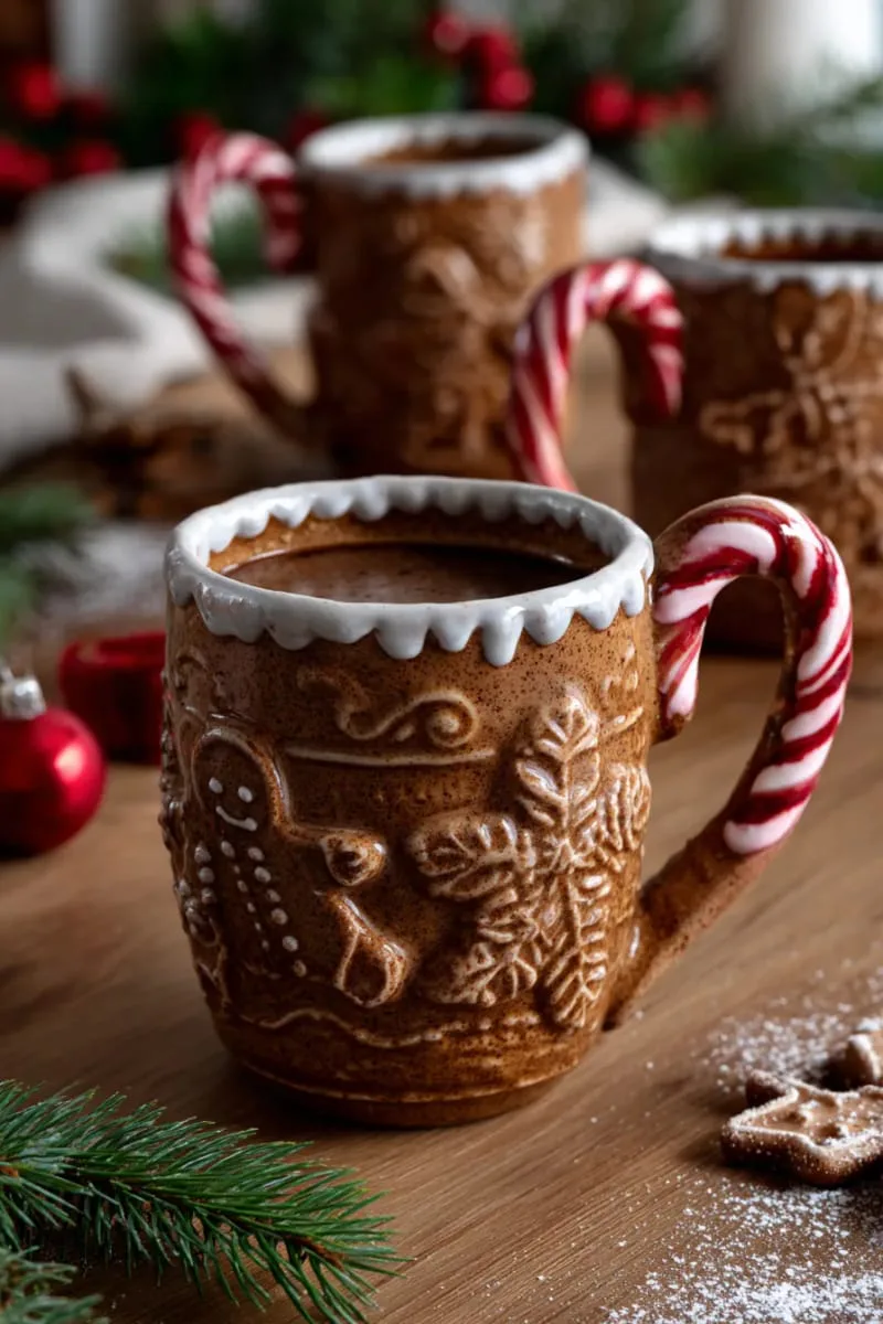 gingerbread-inspired pottery mugs with frosted rim and candy cane handles 1