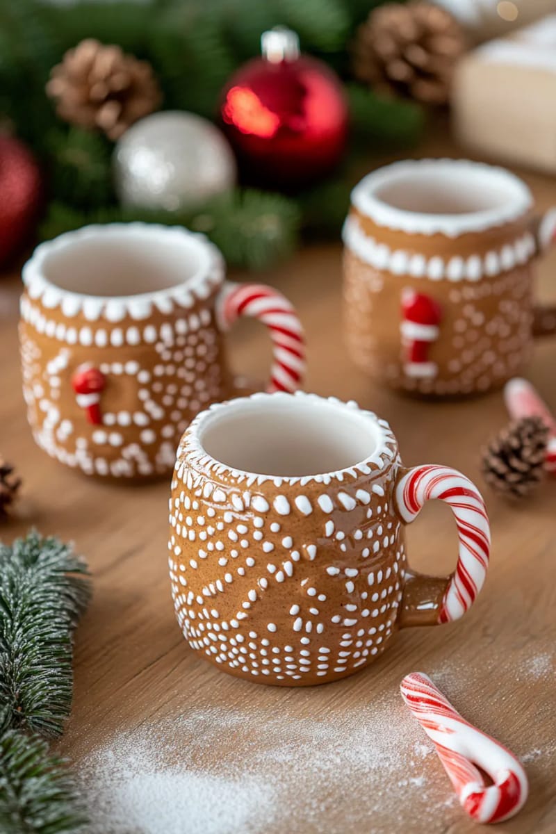 gingerbread-inspired pottery mugs with frosted rim and candy cane handles 1