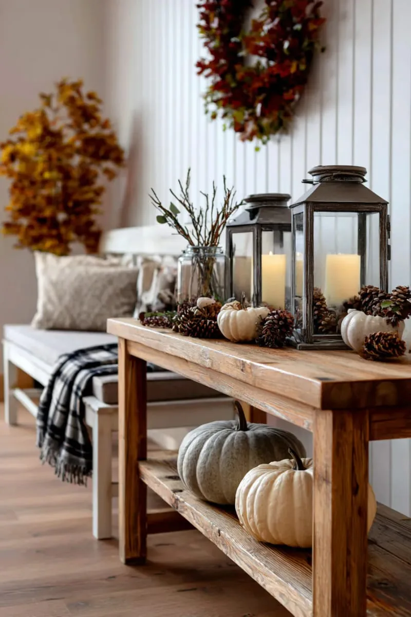 glass lanterns filled with acorns, twigs, and led pillar candles 1