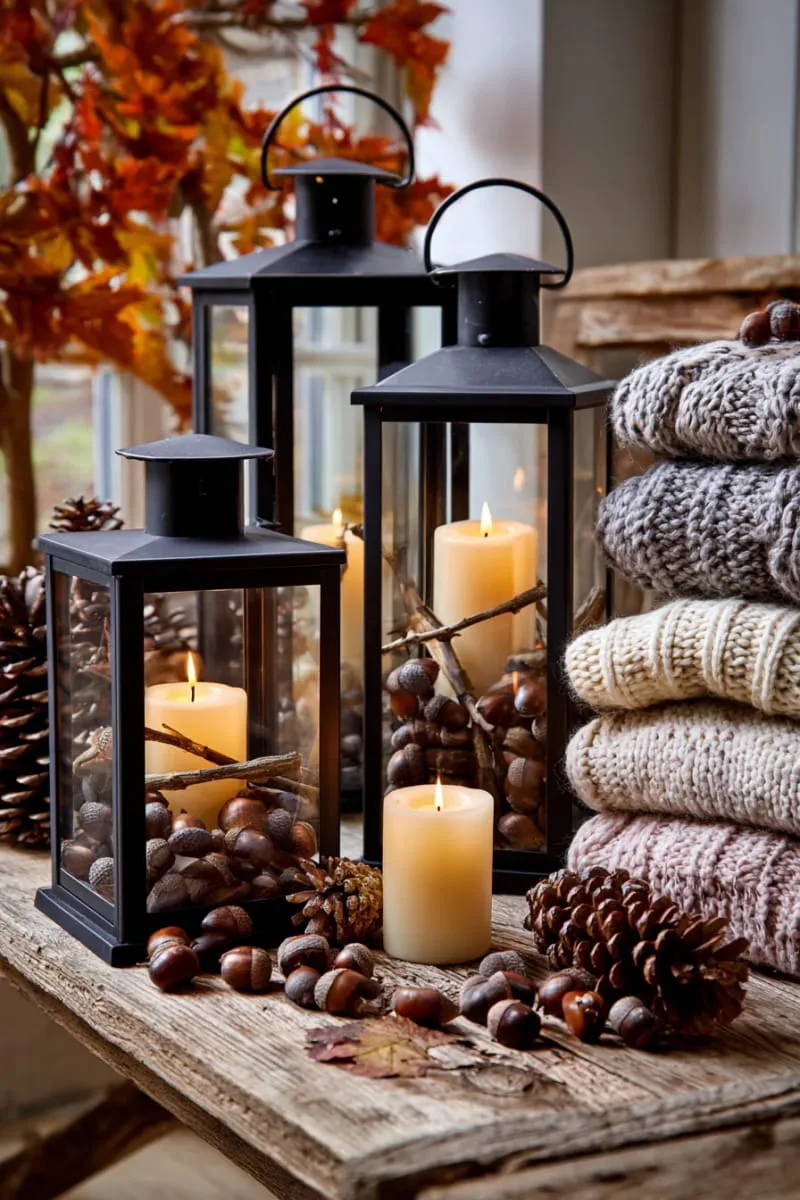 glass lanterns filled with acorns, twigs, and led pillar candles 1