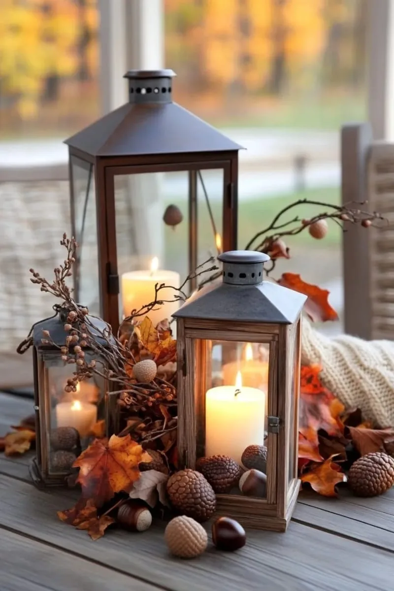 glass lanterns filled with acorns, twigs, and led pillar candles 1