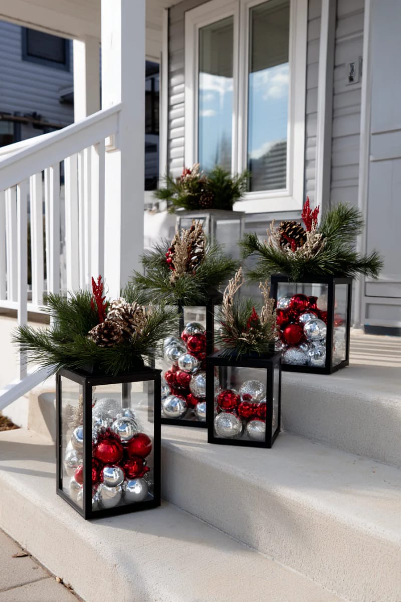 glass lanterns filled with ornaments and greenery on the porch steps 1