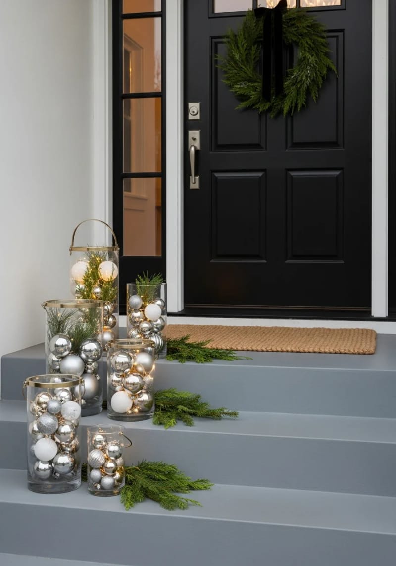 glass lanterns filled with ornaments and greenery on the porch steps 1